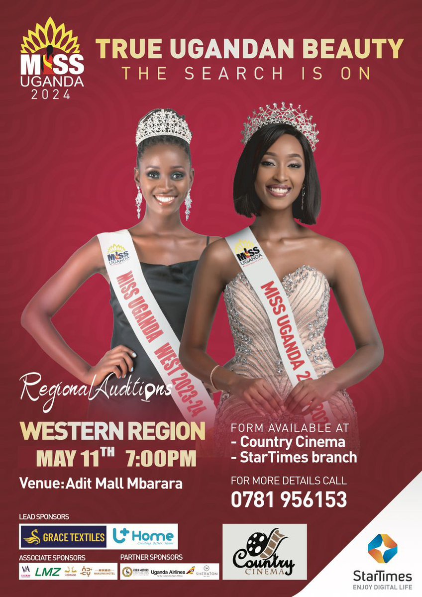 Miss Uganda- Western Region 2024 auditions are here

And the search is on!🔥

Get the forms from specified areas below;

▪︎Country Cinema
▪︎StarTimes Branch

#MissUganda2024
#MissUgandaWestern