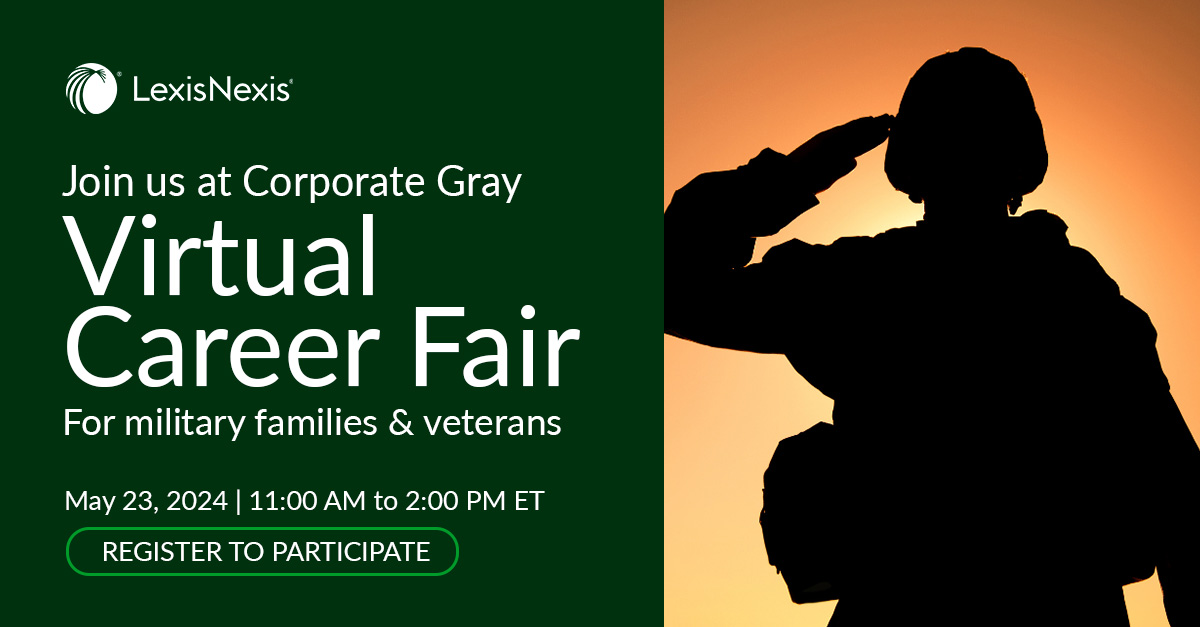 🚀 LexisNexis Legal and Professional is proud to sponsor the Corporate Gray Virtual Military-Friendly Job Fairs! Don't miss this chance to connect with our team. Register now: bit.ly/3UHAXDs