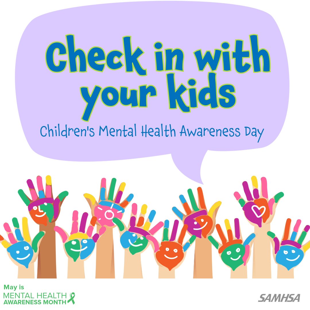 #ChildrensMentalHealthAwarenessDay: Parents & caregivers, check in on your kids in an open, judgment-free way. Remind them that if they are feeling overwhelmed, help is available. Learn more about supporting your children: samhsa.gov/mental-health/… #AwarenessDay #MHAM2024
