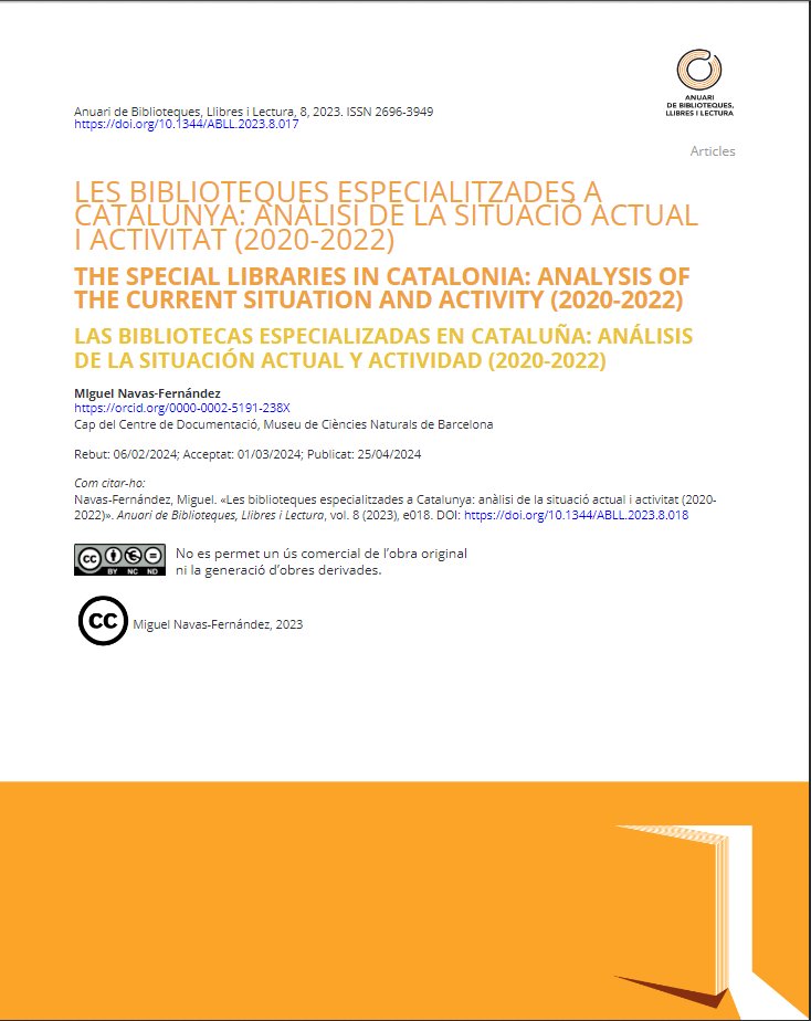 Nou!!! «Les biblioteques especialitzades a Catalunya: anàlisi de la situació actual i activitat (2020-2022)» Per Miguel Navas-Fernández. 🚨De lectura molt recomanada! revistes.ub.edu/index.php/Anua…