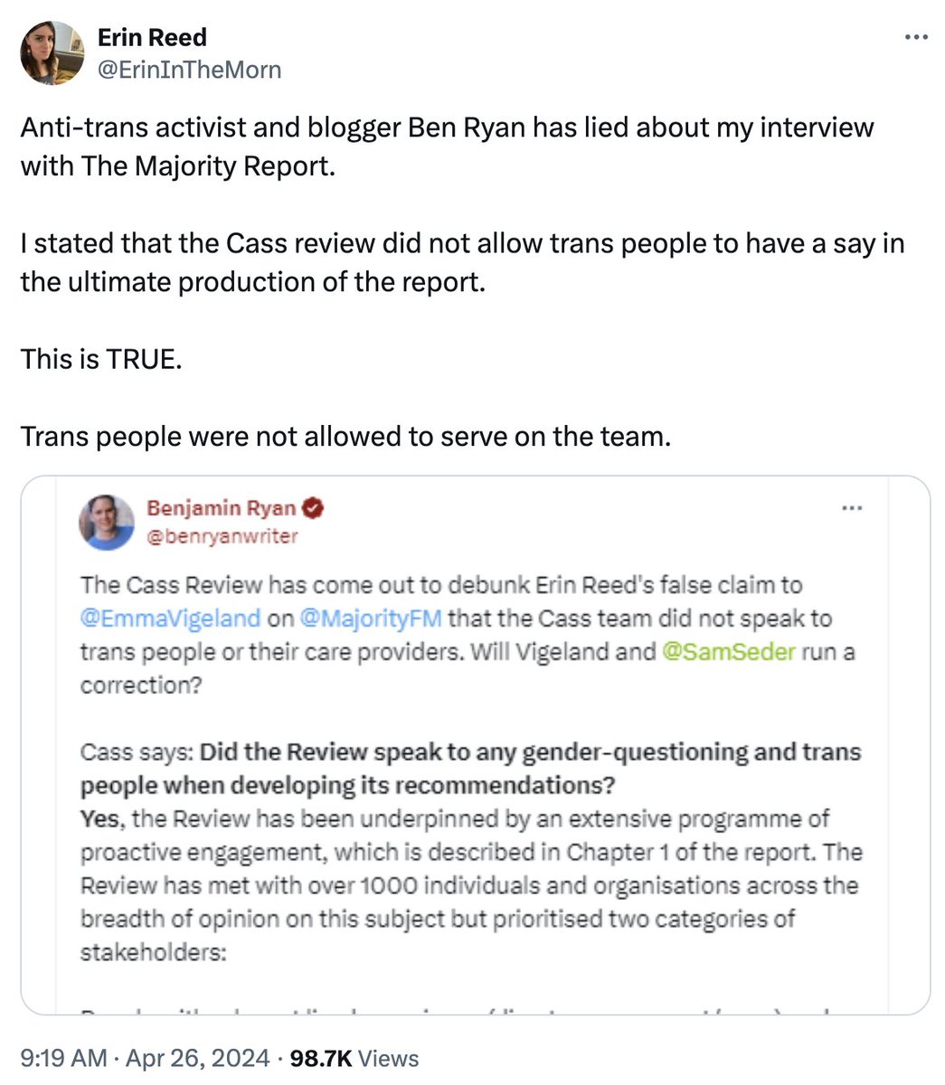 I was confused why very professional science writer Ben Ryan accused me of calling him 'and 'activist-blogger'' in a 'fact-check' he posted because I have never, in fact, written about him outside of Twitter. Turns out he can't tell the difference between me and Erin Reed.