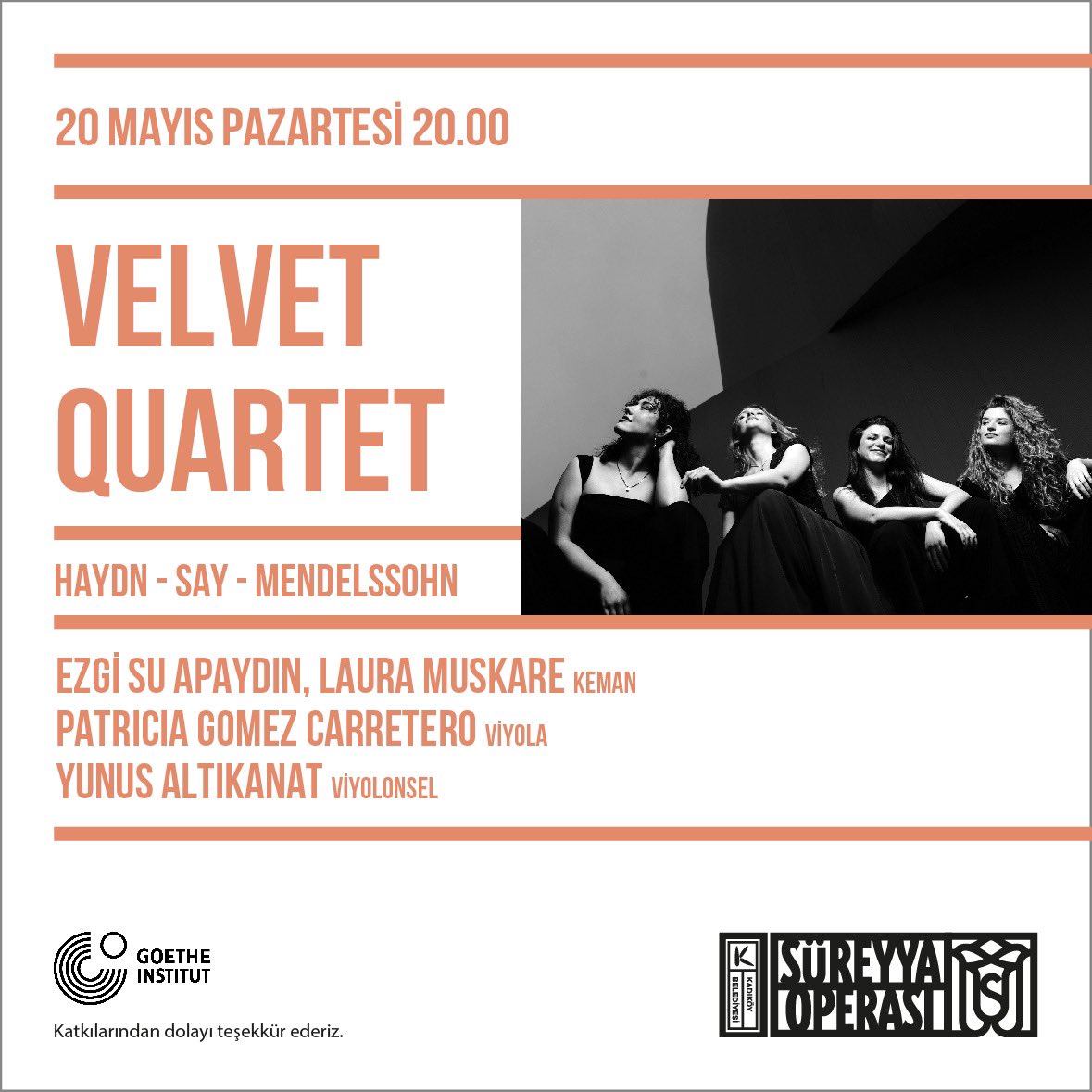 Kendini oda müziğine adamış genç müzisyenlerden oluşan Velvet Quartet 20 Mayıs'ta Süreyya Operası’nda müzikseverlerle buluşacak, bekliyoruz. 🎟️ mobilet.com/tr/event/velve…