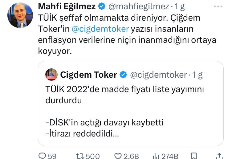 Mahfi Eğilmez, yaş aldıkça itibarı da yaş alıyor,., Tüik, yakın zamana kadar ürün ürün aylık fiyat açıklıyordu, hiç konu ettiler mi? Açıkladığı dönemlerde metodolojisi belli olmayan, ürün detayını bırakın sepet bile açıklamayan Enag adında ucube bir gruba destek veriyordu.