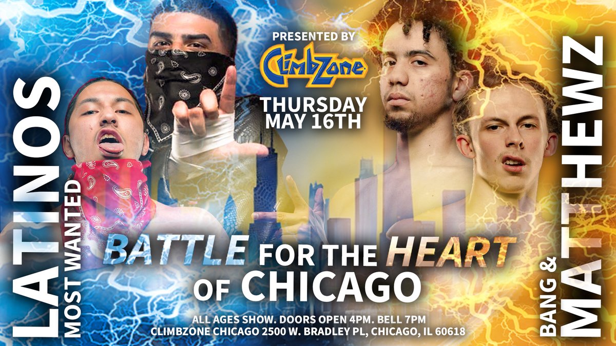 It's a battle of Chicago's two most beloved tag teams as BANG AND MATTHEWS take on LATINOS MOST WANTED in what is sure to be a lightning-fast, action-packed tag team bout! Tickets are available NOW at …wrestling-ventures-llc.ticketleap.com/the-battle-for… From the creators of Warrior Wrestling and Climb Zone…