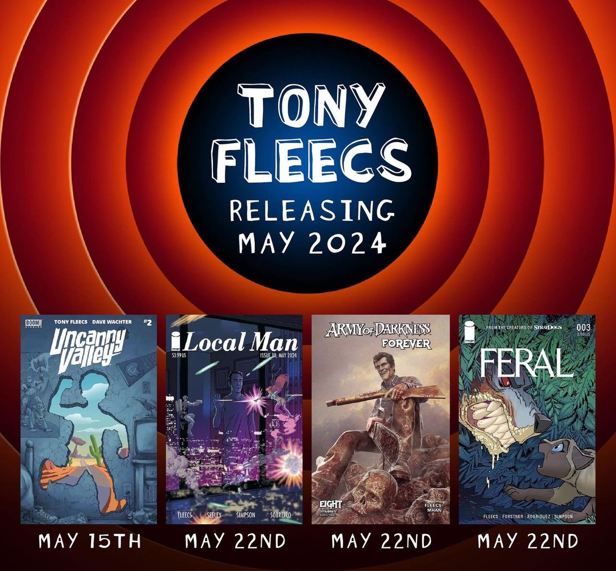 May Releases: May 15th- Uncanny Valley#2 May 22nd- Local Man #10 May 22nd- Army of Darkness Forever #8 May 22nd- Feral #3 Preorder now at your local comic shop!