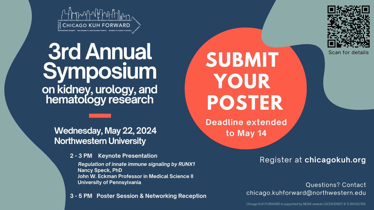 Exciting news! The deadline for @Chicago_KUH poster submissions has been extended to May 14! Don't miss out on this fantastic opportunity to showcase your work to the Chicago Community! For more details and to register, please visit: feinberg.northwestern.edu/sites/chikuhfo…