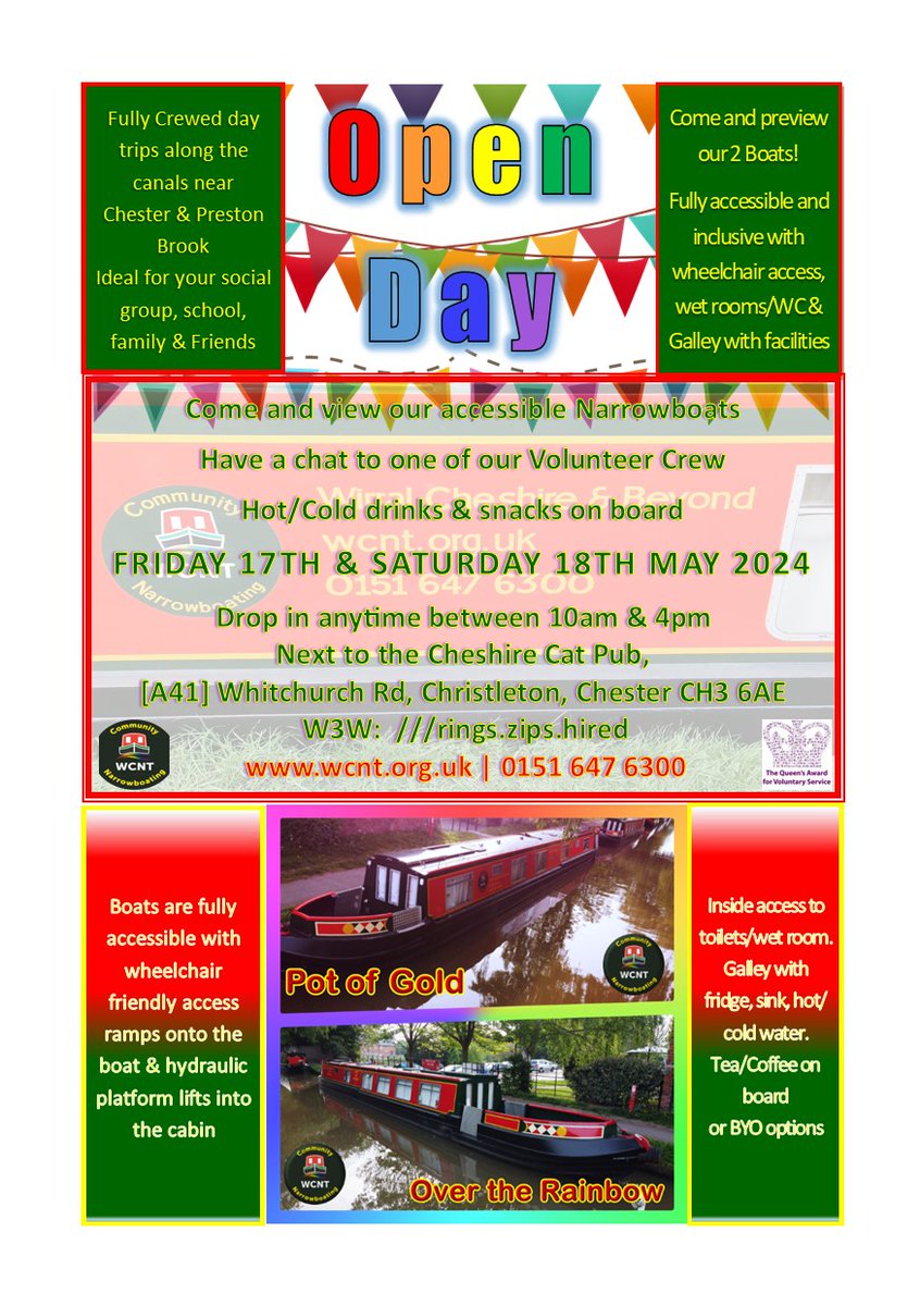 We're having 2 'drop-in' open days 17th/18th May, next to the Cheshire Cat pub, Christleton, so come along, chat to our volunteers and view our wheelchair friendly narrowboats anytime between 10am & 4pm. #Chester @ChesterReTweet @cwvolaction @ShitChester #Cheshire