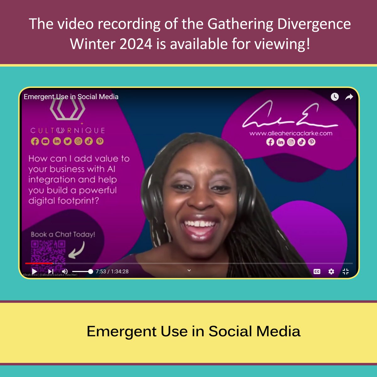 The video recording of the Gathering Divergence Winter 2024 Emergent Use in Social Media session is available for viewing!

youtu.be/yVhlVJfvvyA 

#GatheringDivergence #IBPOC #artists #artsorganizations #ArtsWorkers #Divergence #SocialMedia #Marketing #workshop