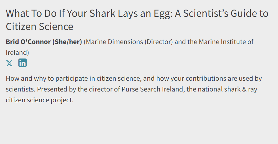 Bríd (not Brid) O'Connor 🦈 (@b_r_i_fada_d) on Twitter photo Come to my talk <a href="/pintofscienceIE/">Pint of Science IE</a>! 🦈🥚
I'll chat about <a href="/marinedimension/">Marine Dimensions & Purse Search Ireland</a>'s project Purse Search, how & why *everyone* should partake in citizen science, & how citizen science is used in traditional science like that done <a href="/MarineInst/">Marine Institute</a>!
📍Hole in the Wall
⌚️Wed May 17th, 7pm
🎟️⤵️ Come to my talk <a href="/pintofscienceIE/">Pint of Science IE</a>! 🦈🥚
I'll chat about <a href="/marinedimension/">Marine Dimensions & Purse Search Ireland</a>'s project Purse Search, how & why *everyone* should partake in citizen science, & how citizen science is used in traditional science like that done <a href="/MarineInst/">Marine Institute</a>!
📍Hole in the Wall
⌚️Wed May 17th, 7pm
🎟️⤵️