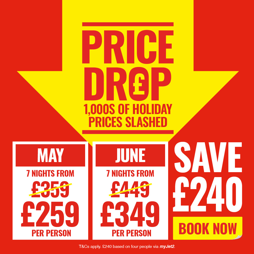 In case you missed it - PRICE DROP 1,000s of holiday prices slashed, so you can jet off for less this summer! Plus, there's an extra £240 off May AND June holidays. Book now: spr.ly/6012jSAq2 T&Cs apply. £240 based on four people.