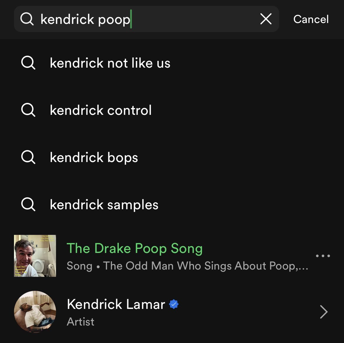 It’s interesting that if you type in “Kendrick Poop” on @Spotify “Drake Poop” shows up.