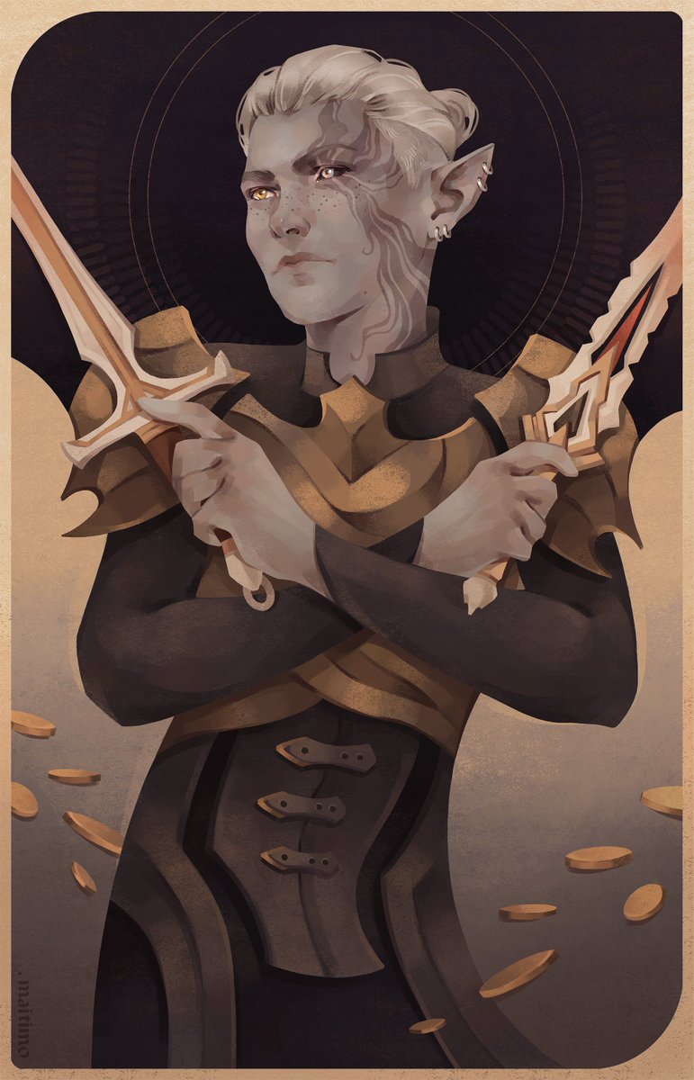 Commission :) Wren is a high elf, rogue and fighter. The color scheme of this tarot card is unusual for me, but I think such dusty metallic shades look noble and aesthetically pleasing! #BaldursGate3 #BG3