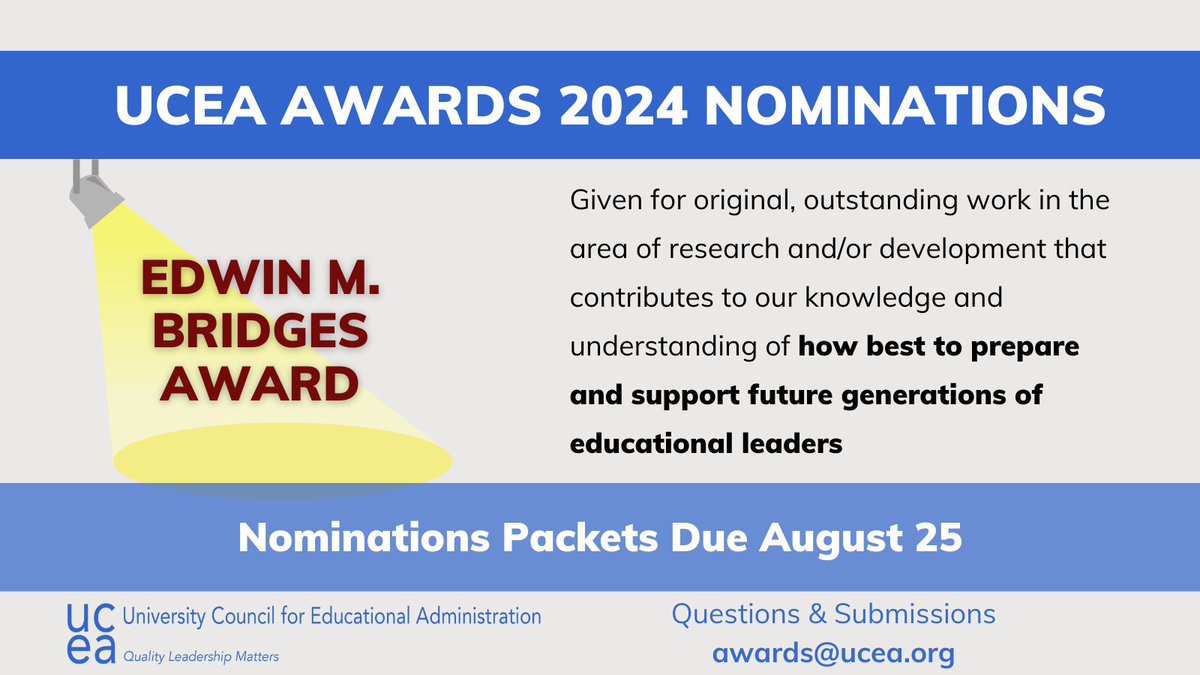 #UCEA24 Awards are open for nominations!
Do you know someone making #UCEAwesome scholarly contributions to ed leadership? The Edwin M. Bridges Award might be the award for them! #LeadershipMatters @DrMoniByrne @UCEAGSC @UCEAJSN
For more information: ucea.org/award_edwin.php