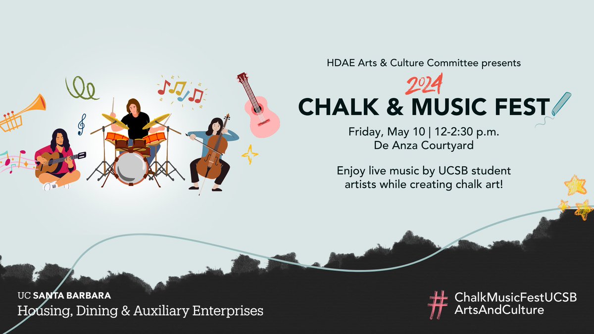 Join us for our 2nd Annual Chalk &amp; Music Festival for a fantastic day filled with music, art, and community 🎶🧑‍🎨

Details
📅 THIS FRIDAY (5/10)
🕛 Noon-2:30 p.m.
📍De Anza Courtyard (by Carrillo Dining Commons)

#ucsb #ucsantabarbara #ChalkandMusicFest #ucsb2027 #ucsb2026