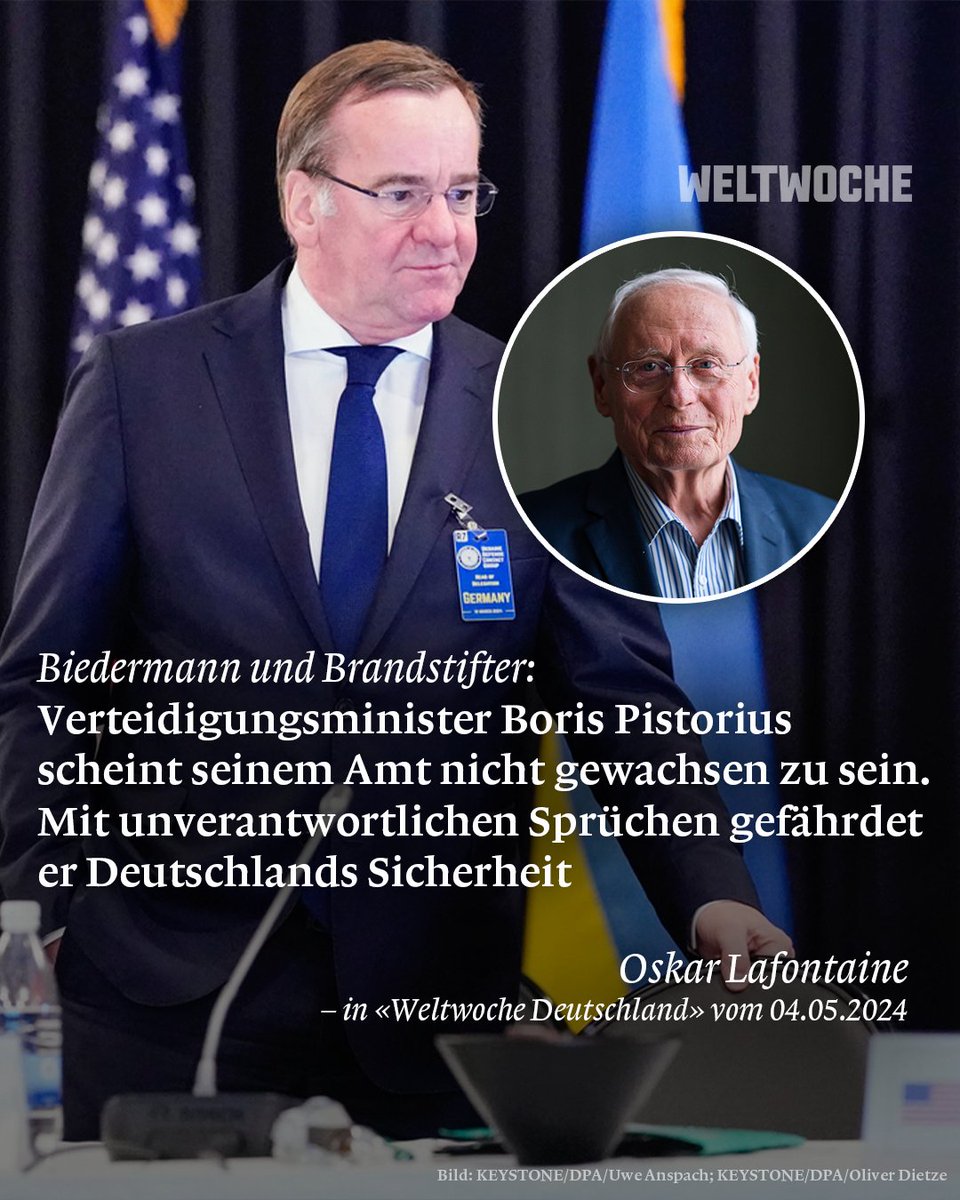 👉 Biedermann und Brandstifter: Verteidigungsminister Boris #Pistorius scheint seinem Amt nicht gewachsen zu sein. Mit unverantwortlichen Sprüchen gefährdet er Deutschlands 📍 Zum Artikel: weltwoche.de/daily/biederma…