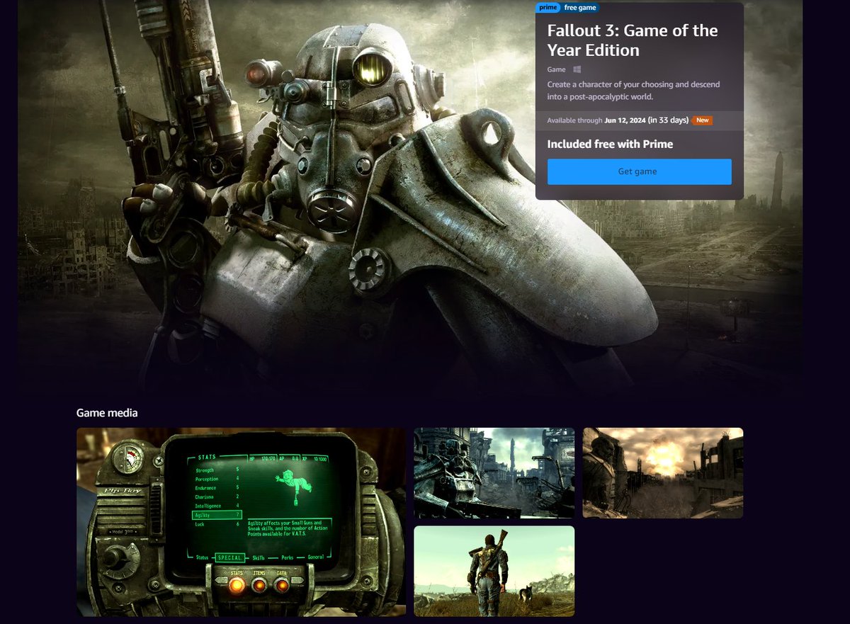 Fallout 3: Game of the Year Edition (GOG) is free on Prime Gaming amzn.to/44EyJcj