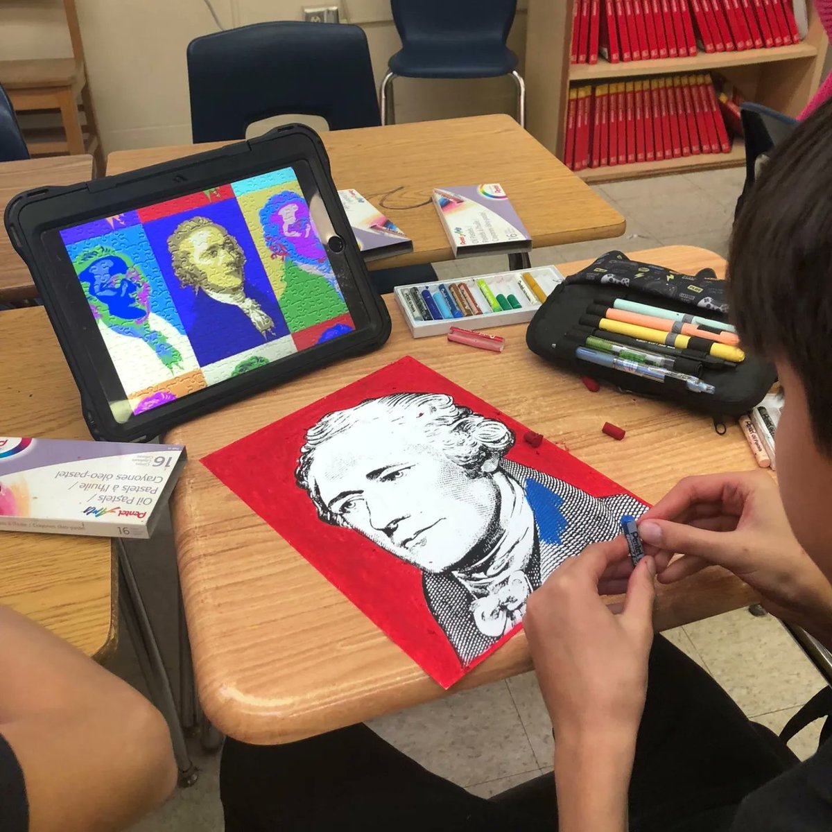 ShenandoahMS's tweet photo. Exhibit Night progress! Check out Ms. Duing's classes as they color Alexander Hamilton in the style of Andy Warhol's  Pop Art. #SMSMuseumsMagnet #SMSSocialStudies #YourBestChoiceMDCPS @MDCPS @MDCPSCentral @SuptDotres @miamimagnets @MariTereMDCPS https://t.co/DAayWDUtwW