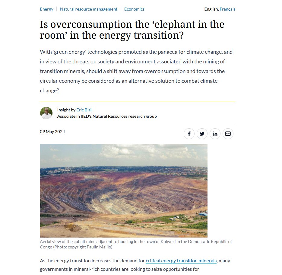 INSIGHT: Is overconsumption the ‘elephant in the room’ in the energy transition? @ericbisil ponders why so little attention has been given to the #circulareconomy as a solution to #GlobalWarming -> iied.org/overconsumptio…