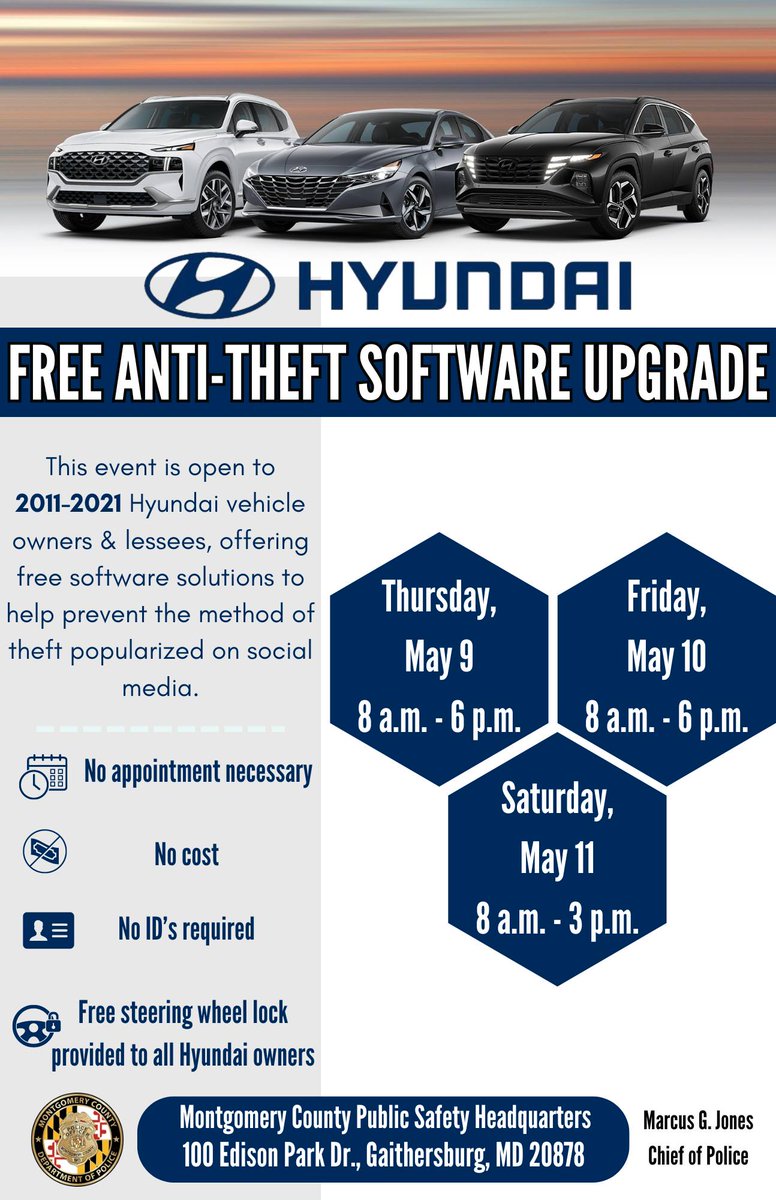 🚗 Protect your ride! Join @mcpnews & Hyundai for a FREE anti-theft software upgrade event for 2011-2021 Hyundai vehicles. No appointment, cost, or ID needed. Just show up! 📅 Dates: May 9-11 📍 Location: Montgomery County Public Safety HQ, Gaithersburg, MD