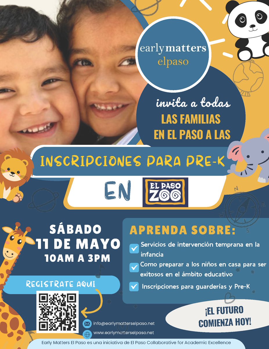 Save the Date! @earlymatterselp invites you and your family to attend the Early Matters El Paso Pre-K Enrollment Day on Saturday, May 11th from 10AM – 3PM at the El Paso Zoo.