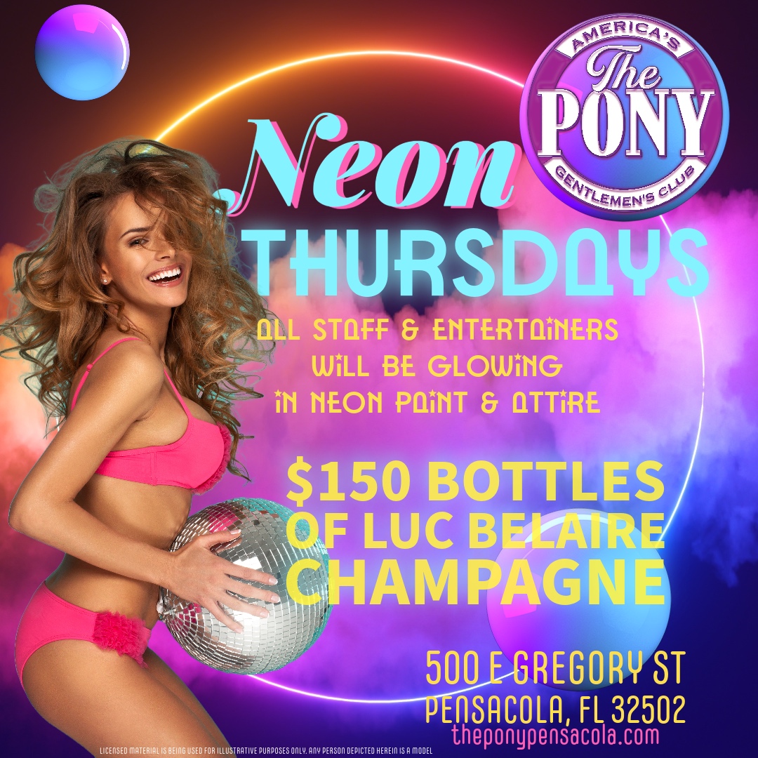 Come join us for NEON THURSDAYS at The Pony Pensacola! 🎉🐎 Our staff and entertainers will be glowing in neon paint and bright, vibrant attire. 🤩 Get the party started with $150 bottles of Luc Belaire Champagne. 🥂 Let's light up the night! 
.
.
.
#ThePonyPensacola #NeonThur...