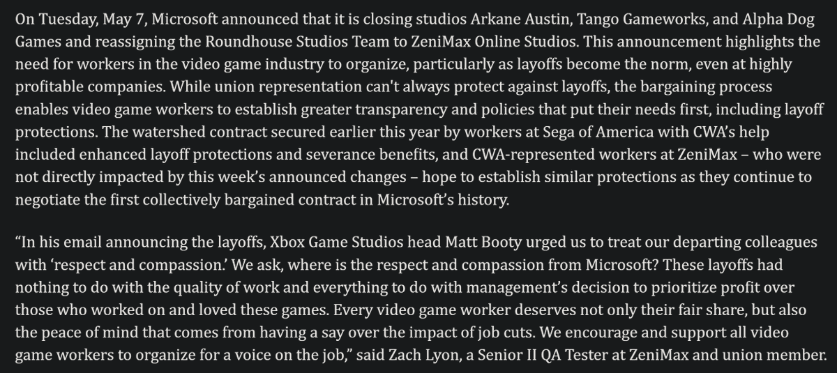 the cwa, which helped over 300 workers at bethesda parent company zenimax (and hundreds more across microsoft) unionize, has issued a statement about the recent studio closures and layoffs