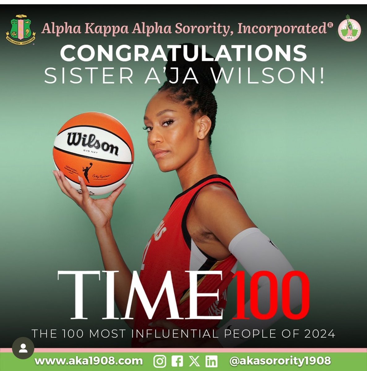 More wins to share for our Sister & WNBA MVP @aja22wilson. The superstar athlete has been named one of @time Magazine's 100 Most Influential People of 2024!
We see you. We support you. And we love how you continue to SOAR!!
#AKALades #SoaringWithAKA #AKA1908