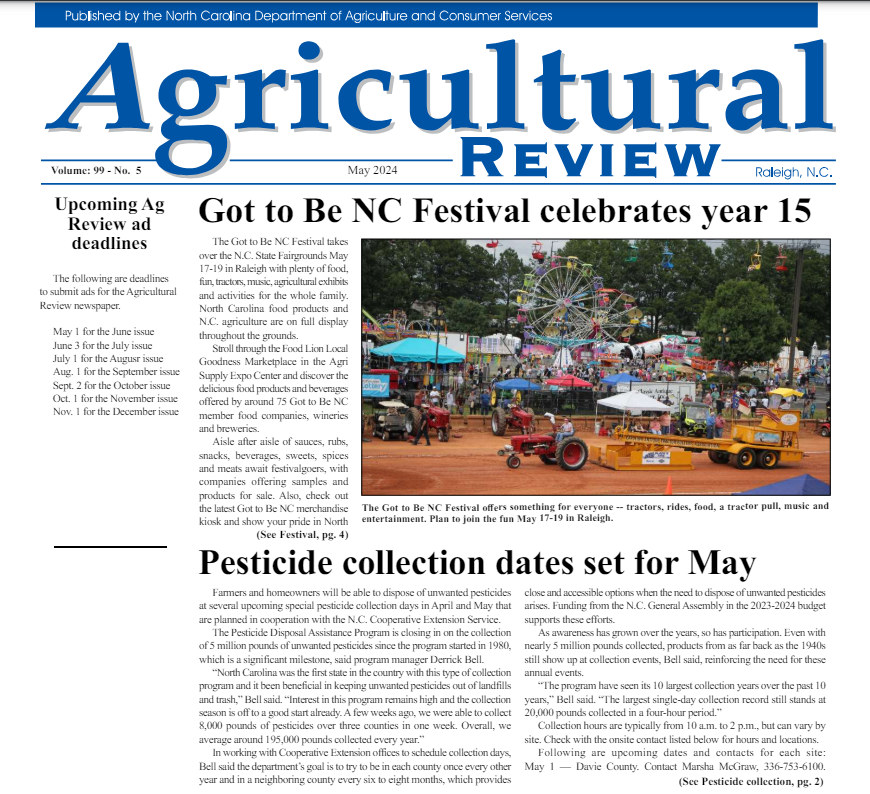 The May edition of the Agricultural Review is now online! Learn all about what's happening in our state's number one industry, including the Got to Be NC Festival. Check it out at the link below! #NCAgriculture Ag Review here: loom.ly/yneVdi8