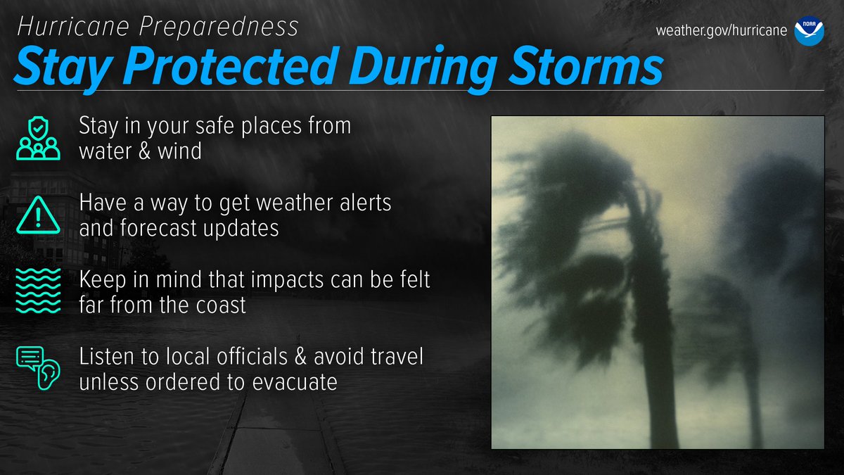 Be prepared for hurricane season by knowing what to do during a storm. Whether you’ve evacuated or are sheltering in place, know what to expect from the hazards you may face. #HurricanePrep #HurricaneStrong noaa.gov/stay-protected…