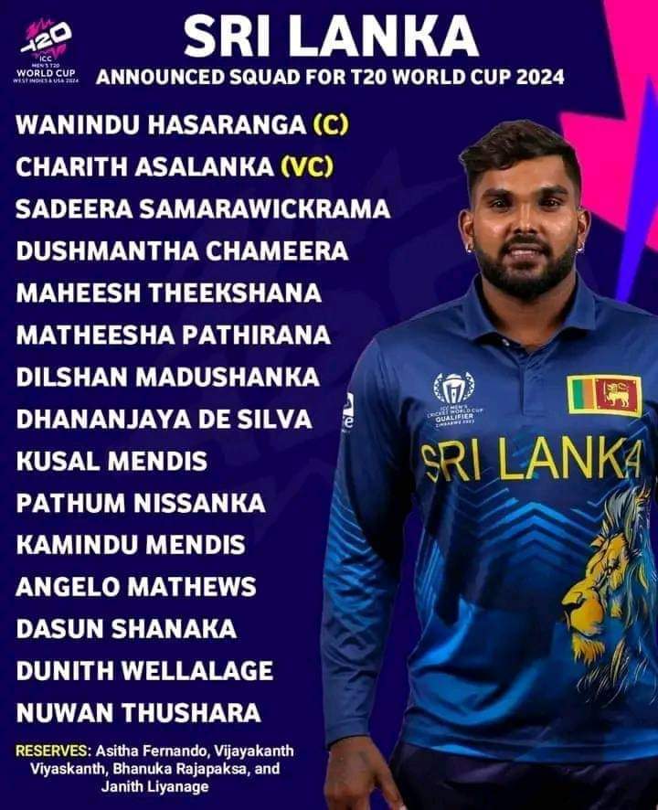سری لنکن کرکٹ بورڈ نے ٹی ٹونٹی ورلڈ کپ 2024 کے لیے اپنی قومی ٹیم کا اعلان کر دیا ۔ سری لنکن ٹیم کی قیادت لیگ سپنر وندو ہسا رنگا کریں گے .🏆🏏🏟

 #SriLanka #T20WC2024  #SriLankaCricket