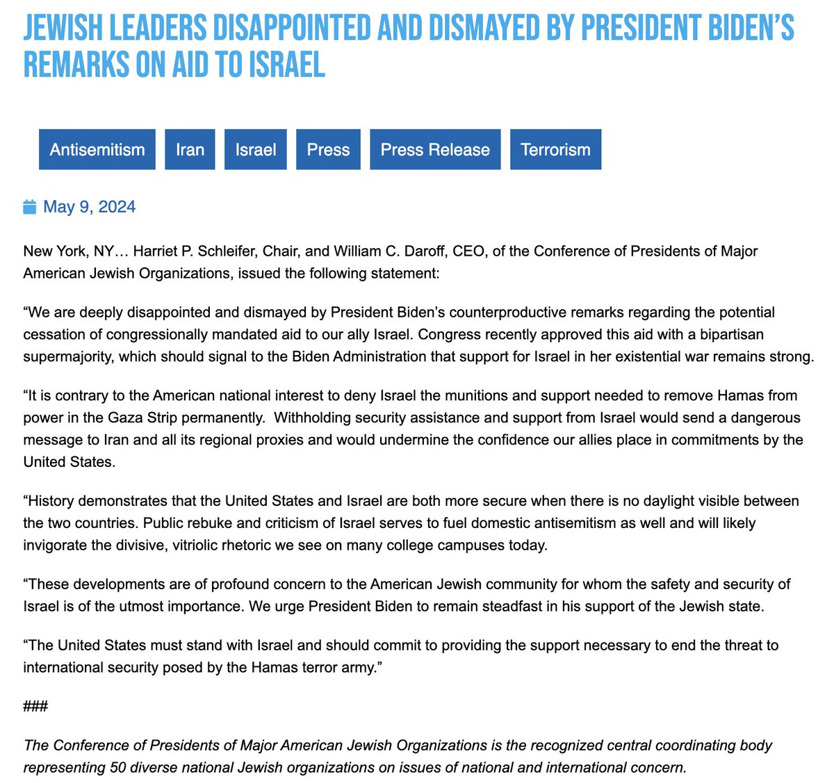 🚨📢 BREAKING: AMERICAN JEWISH LEADERS 'DISMAYED' BY BIDEN'S REMARKS ON AID TO ISRAEL New York, NY - Harriet P. Schleifer, Chair, and William C. Daroff, CEO, of the Conference of Presidents of Major American Jewish Organizations, issued the following statement: “We are deeply…