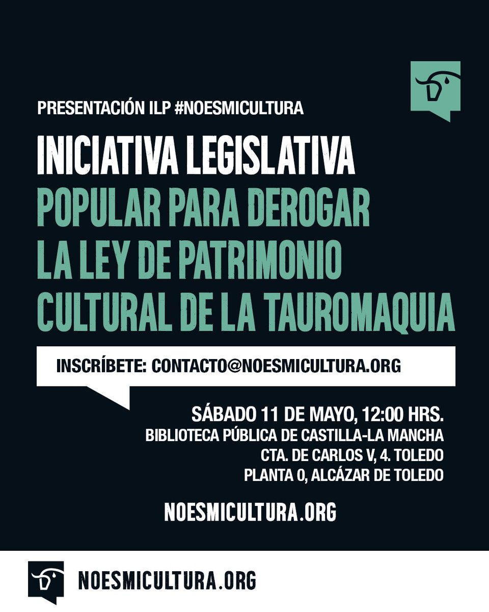 En dos días, acontece la presentación oficial de la ILP #NoEsMiCultura en la ciudad de Toledo. El acto tendrá lugar en la @biblioclm a las 12 de la mañana. Para asistir al acto, por favor inscríbete aquí: bit.ly/FormularioEven… Gracias @NoEsMiCultura! 💪❤️🐃