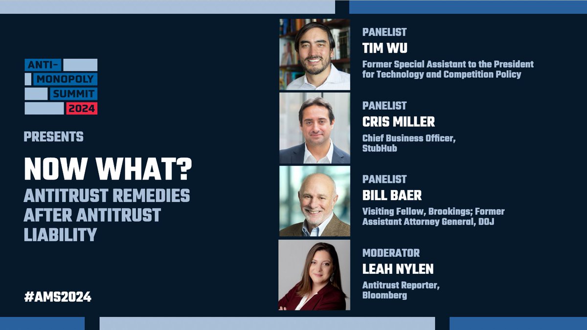 🚨PANEL ALERT🚨 @leah_nylen will moderate a discussion at #AMS2024 on antitrust remedies for monopolies, feat: - Prof. @superwuster - @StubHub Chief Business Officer Cris Miller - Former @JusticeATR AAG @billbaer50 Grab tickets before it's too late.👇 antimonopolysummit.org
