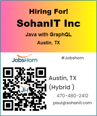 Apply Here: jobshorn.com/job/java-with-…
Job Title: Java with GraphQL
Location: Austin, TX (Hybrid )
Duration: 6 Months
Interview type: Skype or Phone
Job type: C2C,1099,W2
Experience:10 years

#java #GraphQL #Java #CoreJava #jobshorn #jobopenings #freeposting #recruiters #recruitment