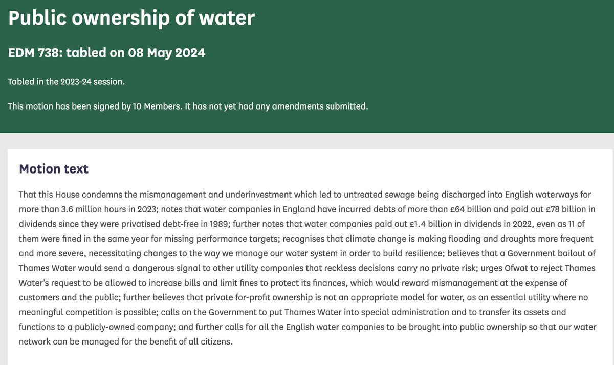 Water companies in England have incurred debts of more than £64,000,000,000. We won't get the water infrastructure we need with privatised water. I have co-sponsored Early Day Motion 738, calling for English water companies to be brought under public control.