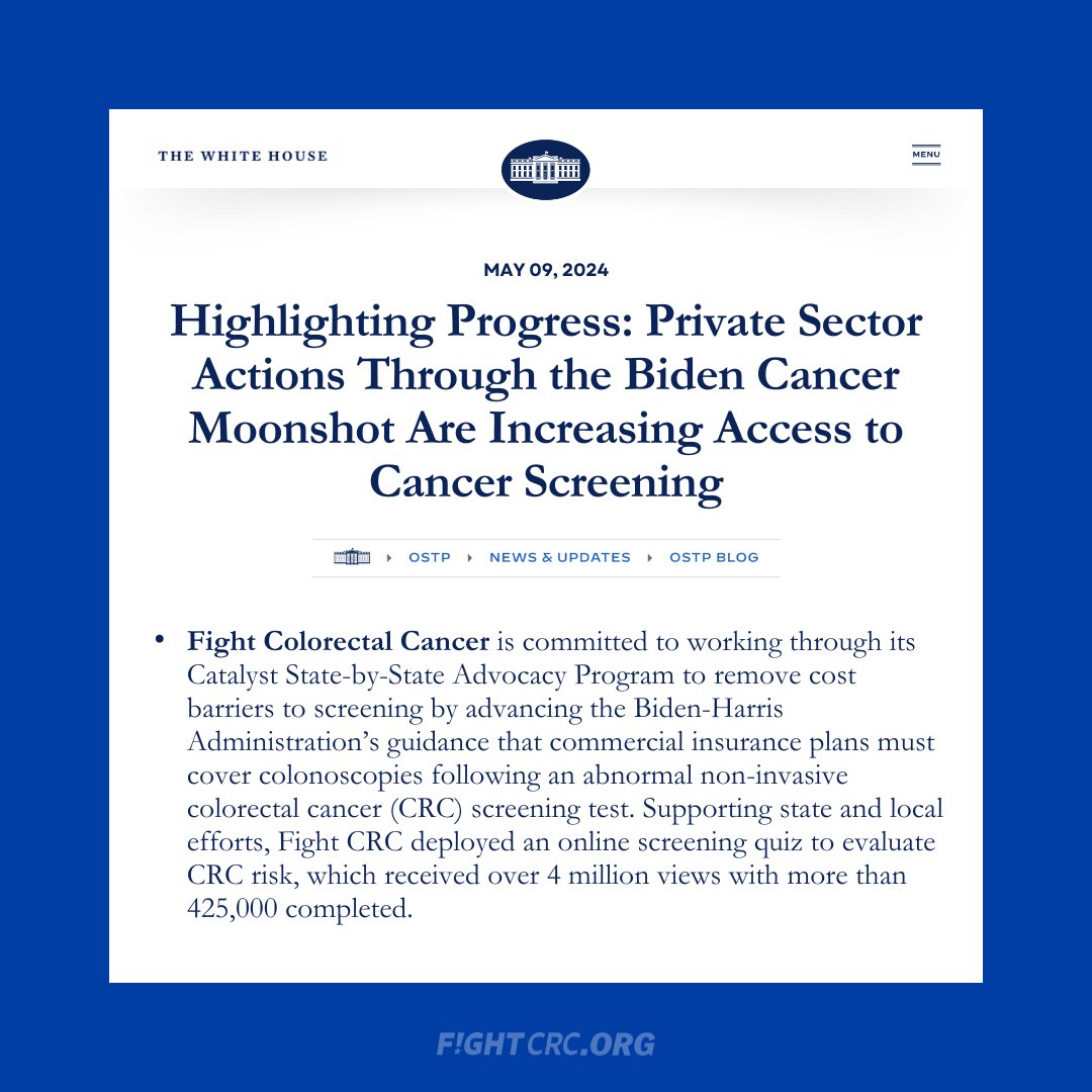 The Biden Cancer Moonshot recognized #FightCRC as a key organization fighting to advance #cancer screening and prevention! whitehouse.gov/ostp/news-upda… @WHOSTP @POTUS @VP