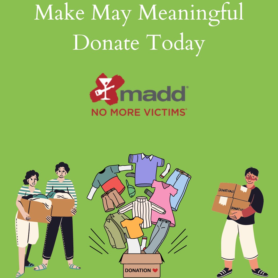 #MakeMayMeaningful ✨ Your donations of clothes & shoes support MADD in Dallas, Oklahoma, & Nashville. Every item helps fund vital programs & services monthly. Find an ATRS bin near you & make an impact. Call 866-900-9308 now! 📞👚👟 #DonateForHope