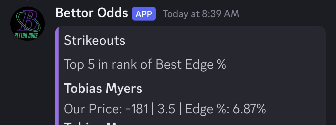 Tobias Myers 5+ Strikeouts +190 FD Myers is a 5 pitch mix guy who uses each in out away attempts. STL 14th in K rate now on the road in a weird extended rest due to rain out -> night game.. GIMME