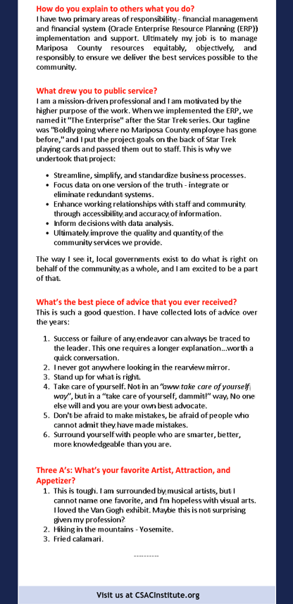 A mission-driven professional motivated by the higher purpose of the work, today we celebrate Leigh Westerlund, Assistant CAO, <a href="/MariposaCounty/">Mariposa County</a> . It's #PublicServiceRecognitionWeek 🎉 Thank You for all that You do across communities!  Join us for a short interview. <a href="/CSAC_Counties/">California State Association of Counties®</a>