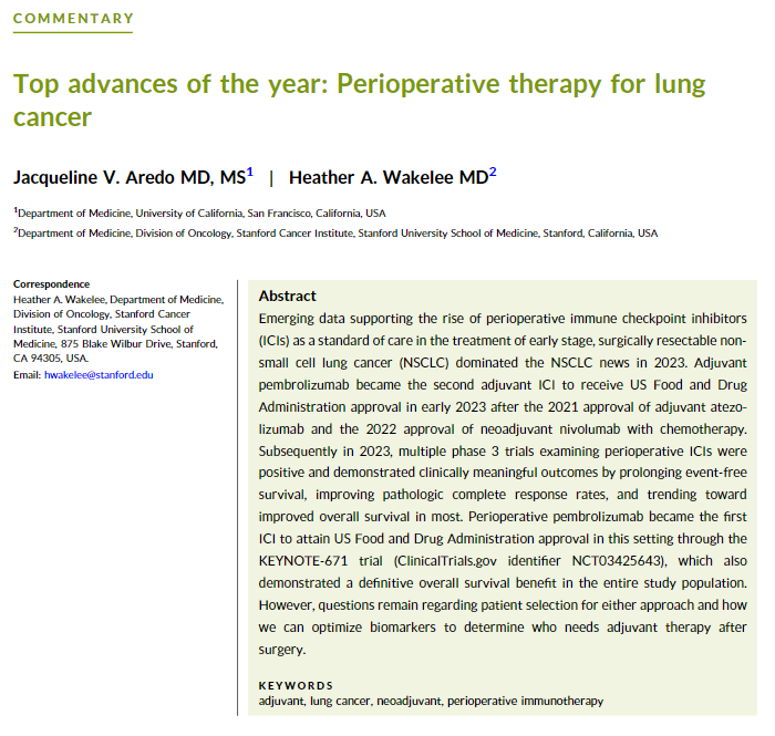 Top advances of the year: Perioperative therapy for lung cancer 🫁 acsjournals.onlinelibrary.wiley.com/doi/10.1002/cn… 2023 saw multiple positive trials of ICIs incorporated into novel treatment paradigms for early stage NSCLC, including overall survival improvement. @oncoalert @JackieAredoMD @HwakeleeMD
