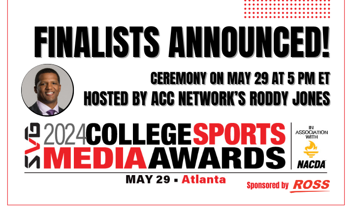 📢 INTRODUCING the 2024 SVG College Sports Media Awards FINALISTS! 

We're also excited to share that @accnetwork's Roddy Jones will serve as your host at this year's ceremony at the @SVGCollege Summit on May 29. 🏆

FULL LIST: sportsvideo.org/2024/05/09/svg…