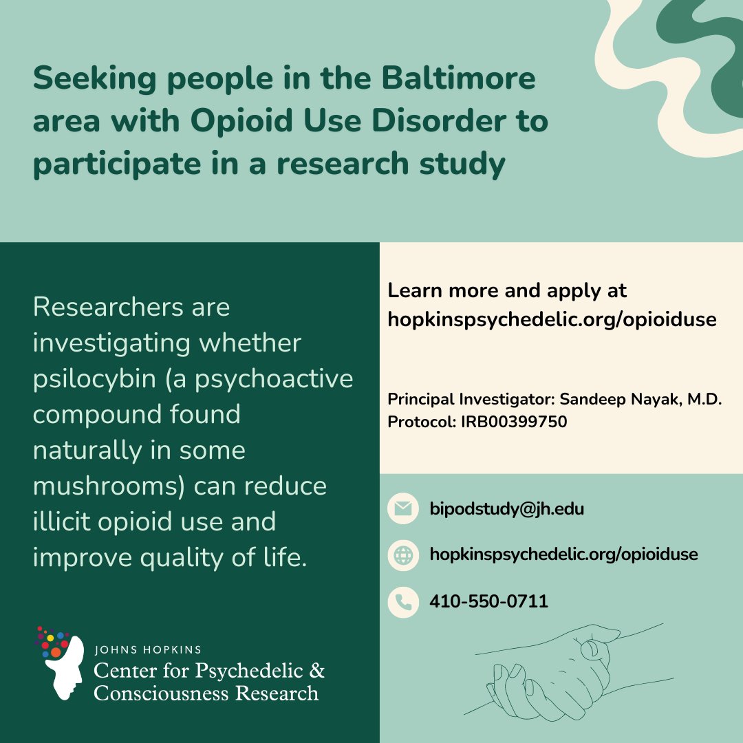 Can psilocybin assisted therapy reduce opioid use and improve quality of life? We are seeking people near Baltimore, Maryland with Opioid Use Disorder to participate in a trial to see if psilocybin can reduce opioid use and improve quality of life. Volunteers must be between the…