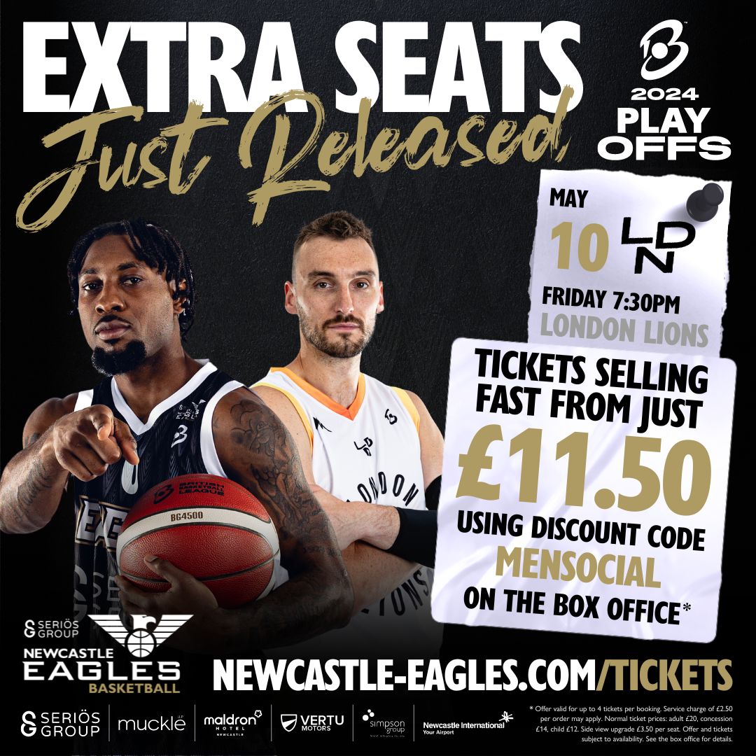 💺 Extra seats 𝗜𝗡𝗖𝗟𝗨𝗗𝗜𝗡𝗚 𝗦𝗜𝗗𝗘 𝗩𝗜𝗘𝗪 just released! 🎟 Book now and don't miss this huge Playoffs Semi-Final at newcastle-eagles.com/tickets #WeAreEagles #BritishBasketballLeague