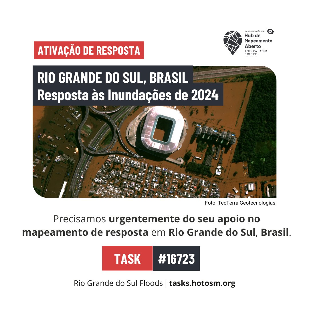 🚨 Chamada urgente para mapeadores! Apoie os esforços no Rio Grande do Sul, #Brasil. Colaboramos com #OSM Brasil para tarefas críticas. Ajuda urgente necessária na Tarefa #16723: bit.ly/TM-BRRS. Para mais detalhes, visite a Wiki da #OSM: bit.ly/BRRS_Floods