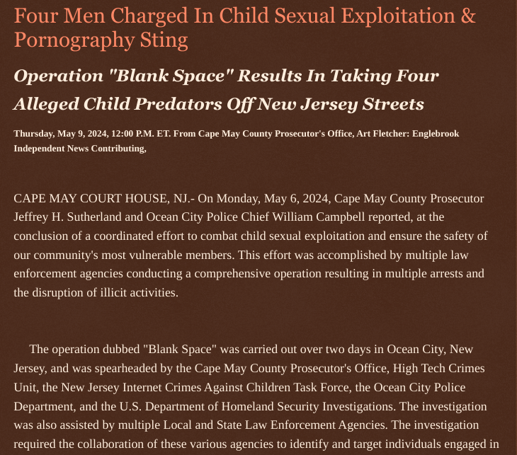 Four Men Charged In Child Sexual Exploitation & Pornography Sting englebrookindependentnews.com/2024/05/09/fou… via @Englebrooknews #capemaycountynj #childpornography @arrests #charges #childendangerment #childexploitation @wireless_step @HRG_Media @LodiNJNews @Breaking911 @Breaking24_7 @gator4kb18