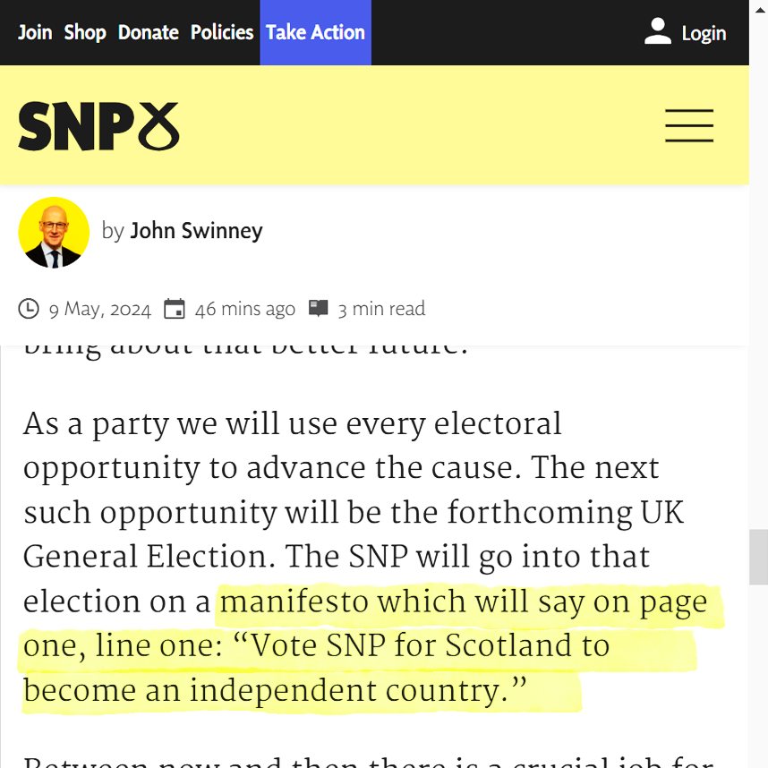 ❗ John Swinney has just pledged that “page one, line one” of the SNP’s general election manifesto will say “Vote SNP for Scotland to become an independent country.” 👇 He is just another SNP Leader obsessed with independence.