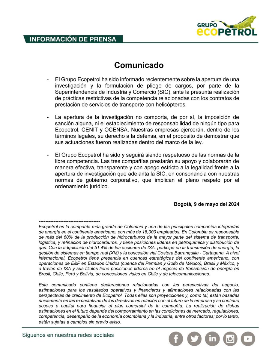 #EcopetrolInforma | Respuesta del Grupo Ecopetrol frente a investigación anunciada por la @sicsuper