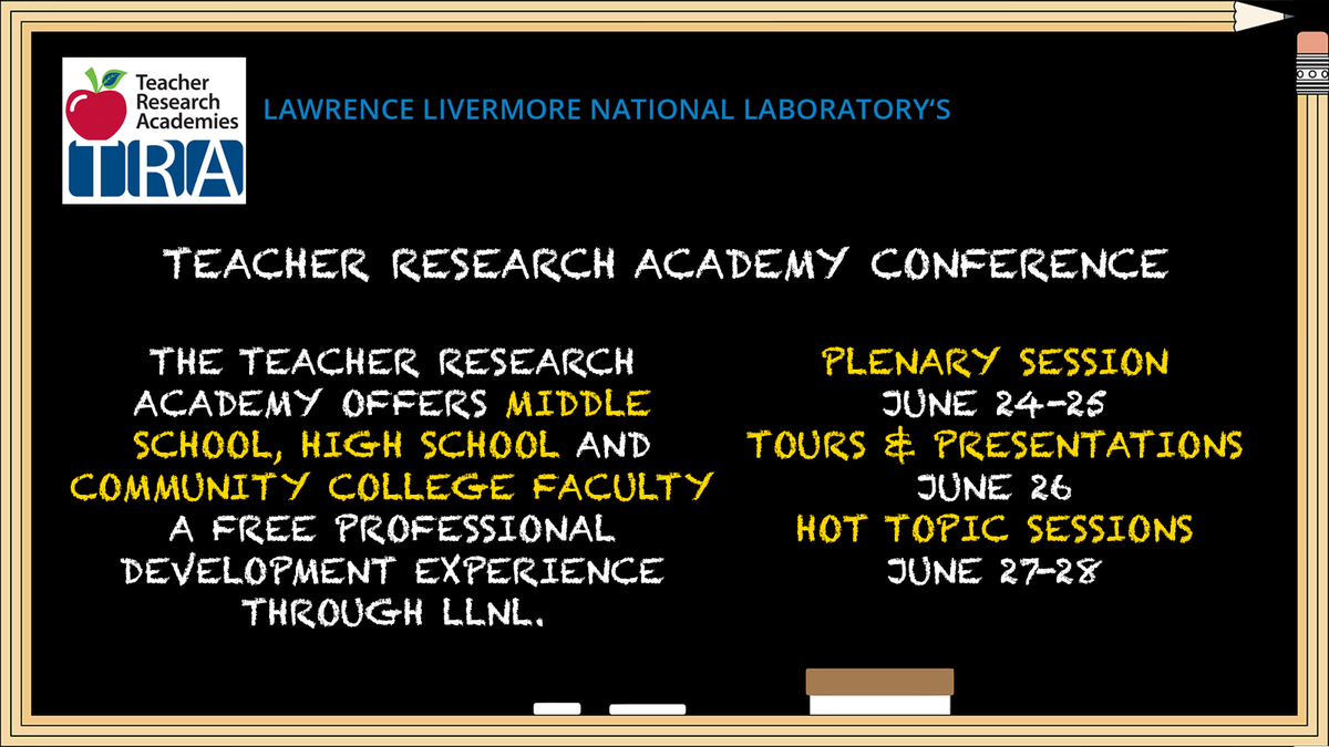 In honor of national #TeacherAppreciationWeek, #LLNL is pleased to announce that registration is open for our FREE virtual and onsite Teacher Research Academy programs! Tag a teacher to attend the unique professional development experience. #ThankATeacher livermorelab.info/3wpNL9k