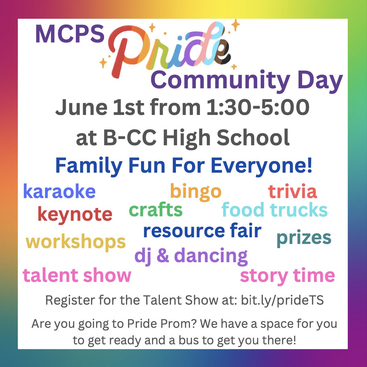 Join us for a Pride Month kick-off, fun-filled day of activities 🏳️‍🌈🏳️‍⚧️🎨🎤📚🚌🪩🏳️‍🌈🏳️‍⚧️ <a href="/mcpsslu/">MCPS Student Leadership & ECAs</a> <a href="/mcpsequityteam/">Equity Team</a> @mcps_lgbtq <a href="/PRIDEeducators/">P.R.I.D.E. educators</a>