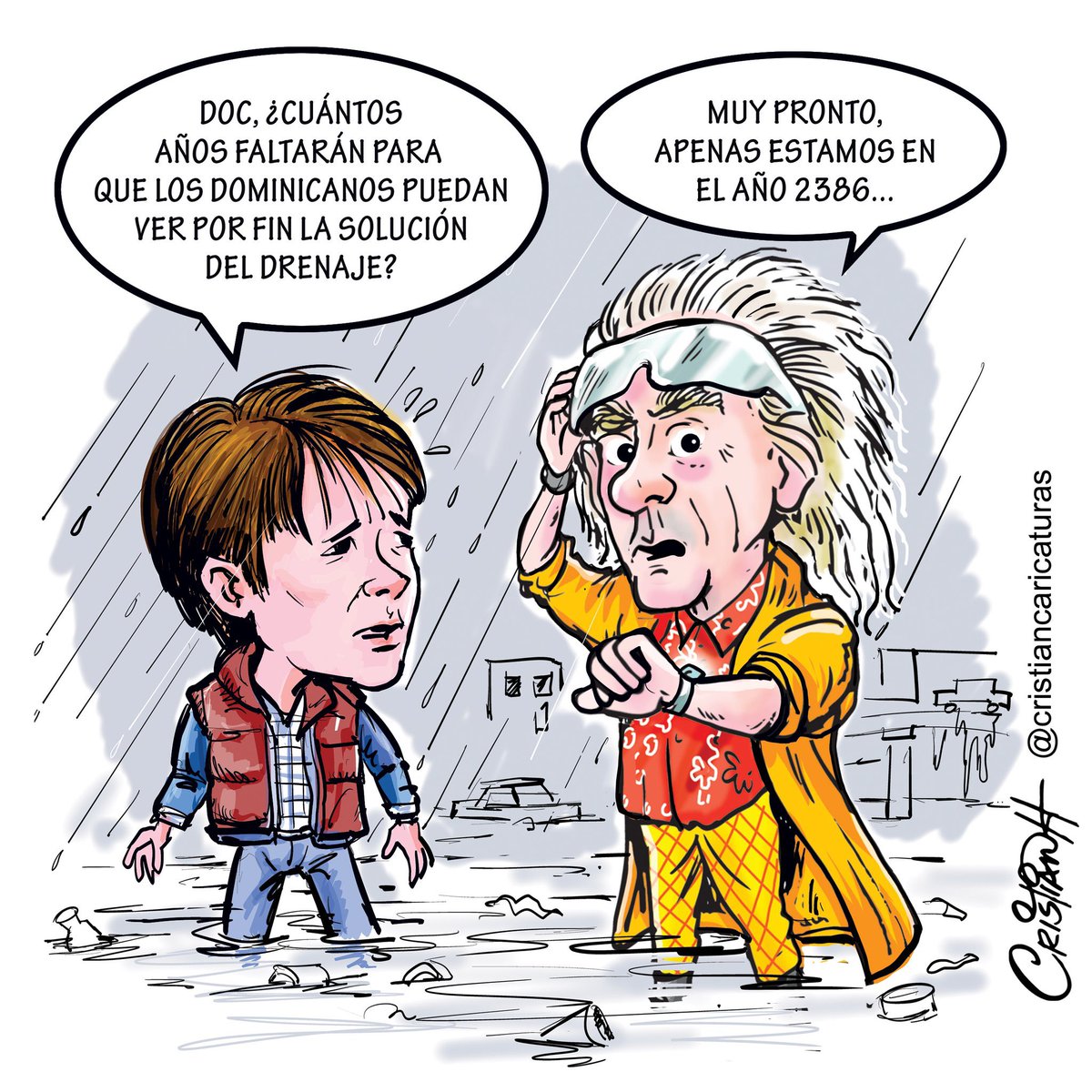 A propósito de las lluvias provenientes de una vaguada que han inundado avenidas, calles, incluyendo la de el conde, brillante caricatura de @criscaricaturas con #BackToTheFuture